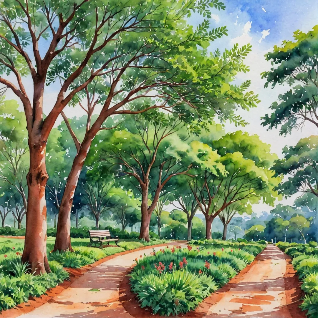 atercolor painting of a lush green landscape with red soil, featuring Jacaranda Mimosifolia, Tree-Mimusops Elengi, and Albizia Lebbeck trees. The scene depicts a serene environment where people are seen walking or sitting on benches under the shade of the trees. In the background, there is a modern housing complex with well-designed apartments that blend seamlessly into the greenery. The sky above is a mix of blue and white, hinting at a warm and pleasant day.