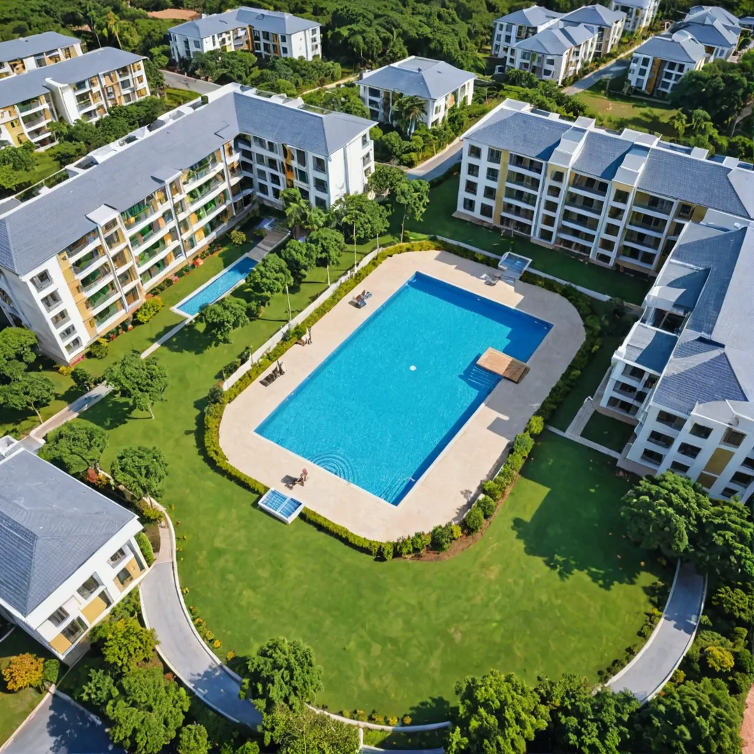 igh detailed, colorful image of an approved residential community in Bangalore, India with lush green landscaping and various amenities like a swimming pool, gym, clubhouse, etc. The community is designed to meet all legal requirements and is surrounded by modern infrastructure such as roads, electricity, water supply, sewage system, and telecommunications networks. The image should convey a sense of tranquility and security for potential homebuyers seeking an investment opportunity in this well-planned community.