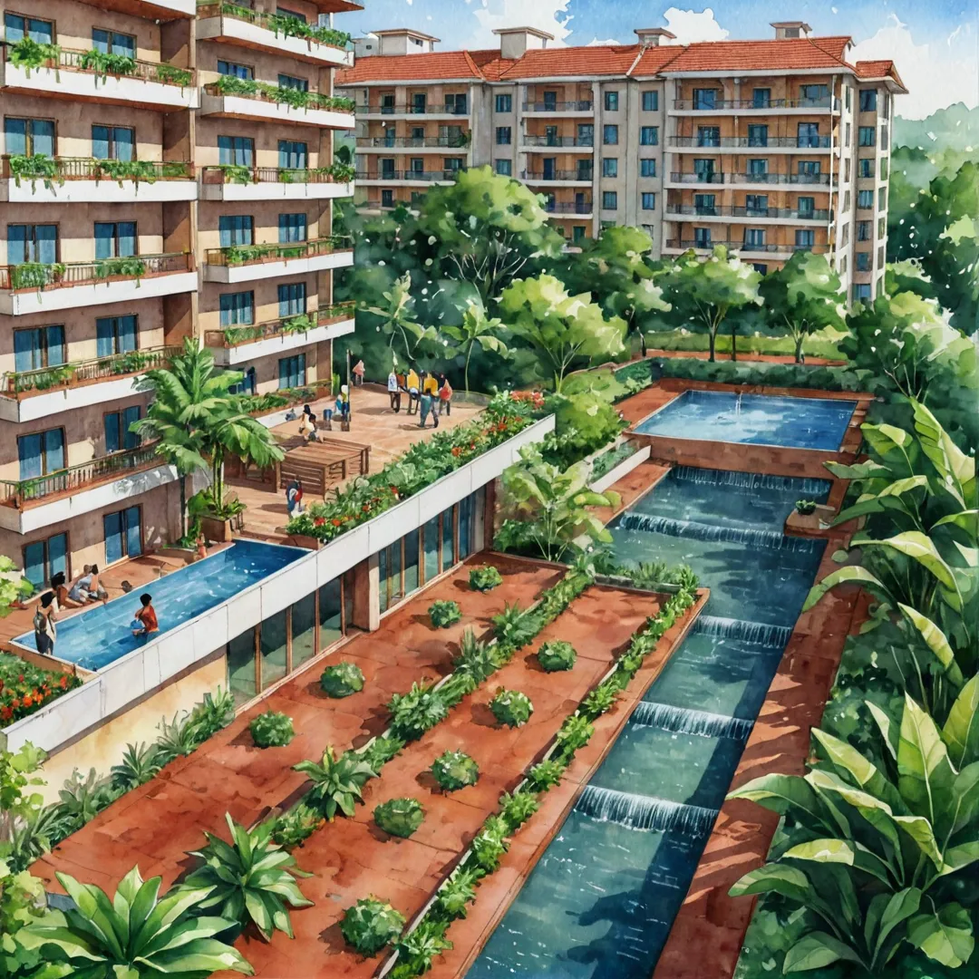 rompt: High-resolution image of a modern residential complex surrounded by lush greenery, incorporating rainwater harvesting systems and red soil-friendly plants. The scene showcases people enjoying the outdoor amenities, while a sense of harmony between urban development and nature is present.