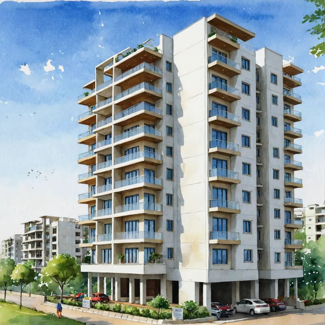 uxurious apartment building, Bangalore East skyline, modern architecture, posh neighborhood, balconies with city views, greenery around, proximity to infrastructure developments, expressways, highways, IT parks, shopping malls, restaurants, Devanagundi Railway Station, National Highway 207.