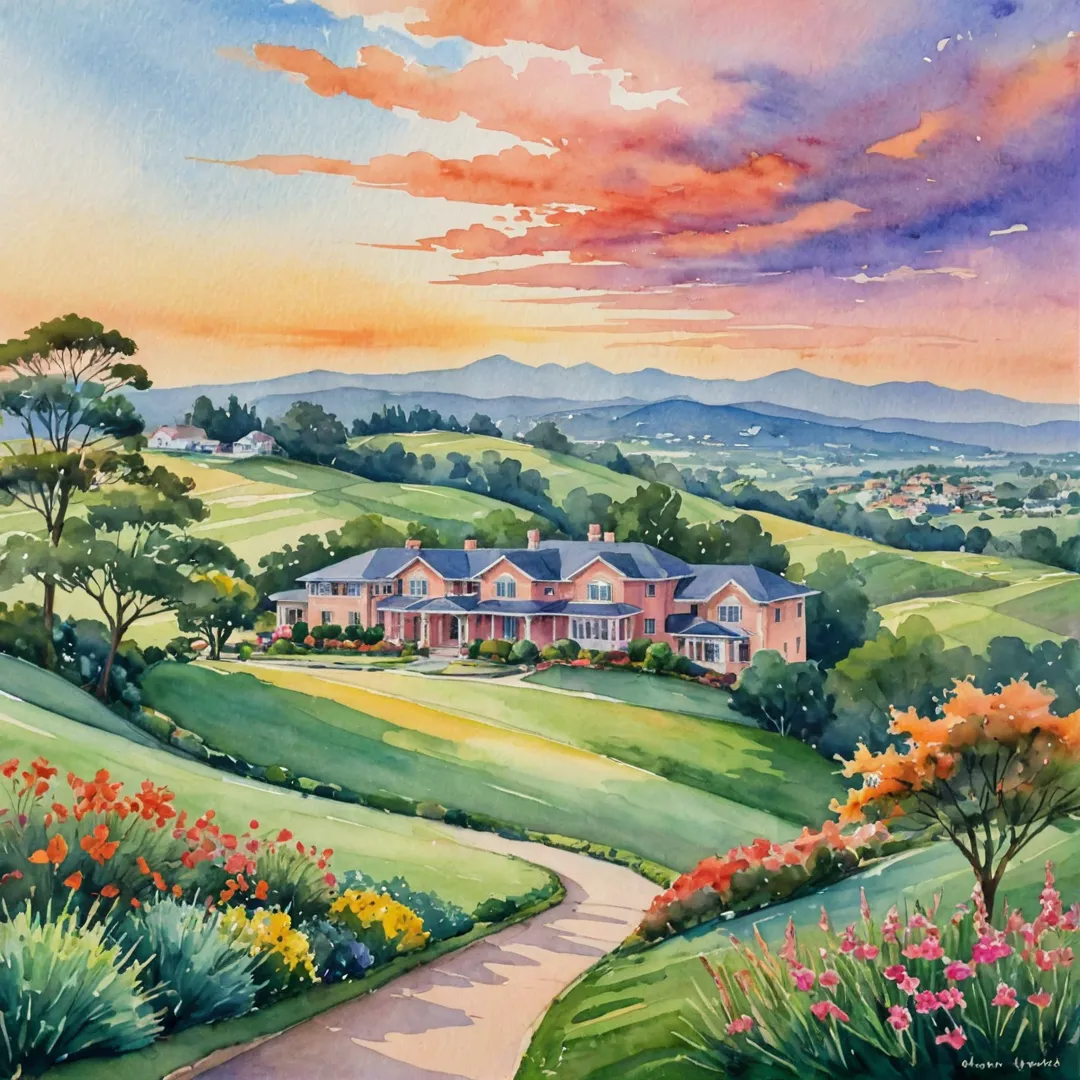 atercolor painting of a serene, lush landscape with rolling hills in the background. In the foreground, a beautiful house can be seen, resembling Alita, with its modern design and elegant architecture. The sky is painted with vibrant shades of orange and pink, representing a breathtaking sunset. A few doctors and nurses are depicted in the scene, walking towards the house while carrying medical equipment like stethoscopes and IV poles, symbolizing the proximity to world-class hospitals mentioned in the article.