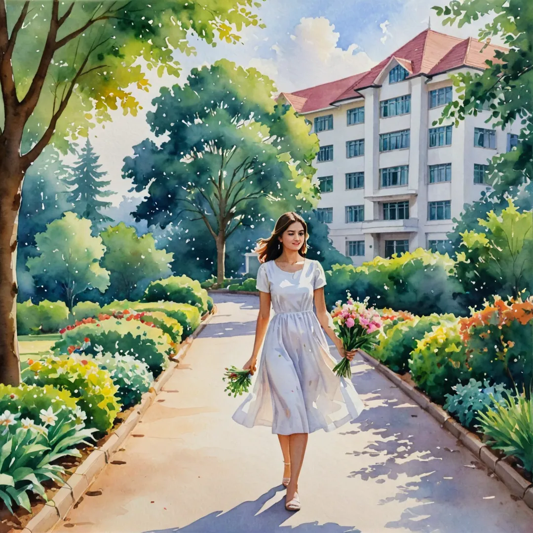 atercolor painting of a lush garden with blooming flowers, surrounded by tall trees casting shadows on the pathway. A young woman wearing a white dress and holding a small bouquet of flowers is walking towards a beautiful hospital building in the background, which resembles Manipal Hospital Whitefield. The sky is filled with soft, cotton-candy clouds, and the sun's golden rays are filtering through the leaves of the trees, creating a warm and inviting atmosphere.