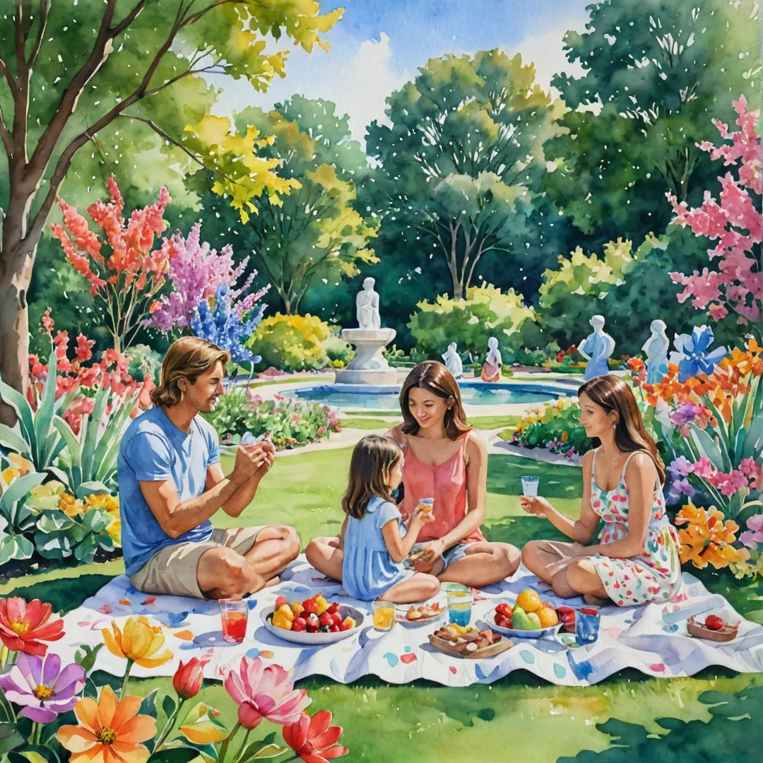 atercolor painting of a family picnicking in a sculpture garden, surrounded by colorful floral murals and abstract sculptures, enjoying a peaceful day among nature and art