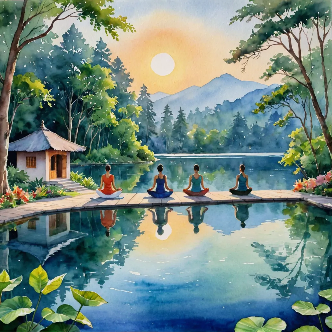 ibrant watercolor painting of a yoga retreat center nestled in lush greenery, with the sun setting over a serene lake, casting warm hues on the surrounding nature. In the foreground, people practice various asanas under the guidance of experienced instructors while others meditate or simply enjoy the tranquil atmosphere. The image captures the essence of mindfulness and spiritual growth, emphasizing the harmonious coexistence between individuals and their natural environment.