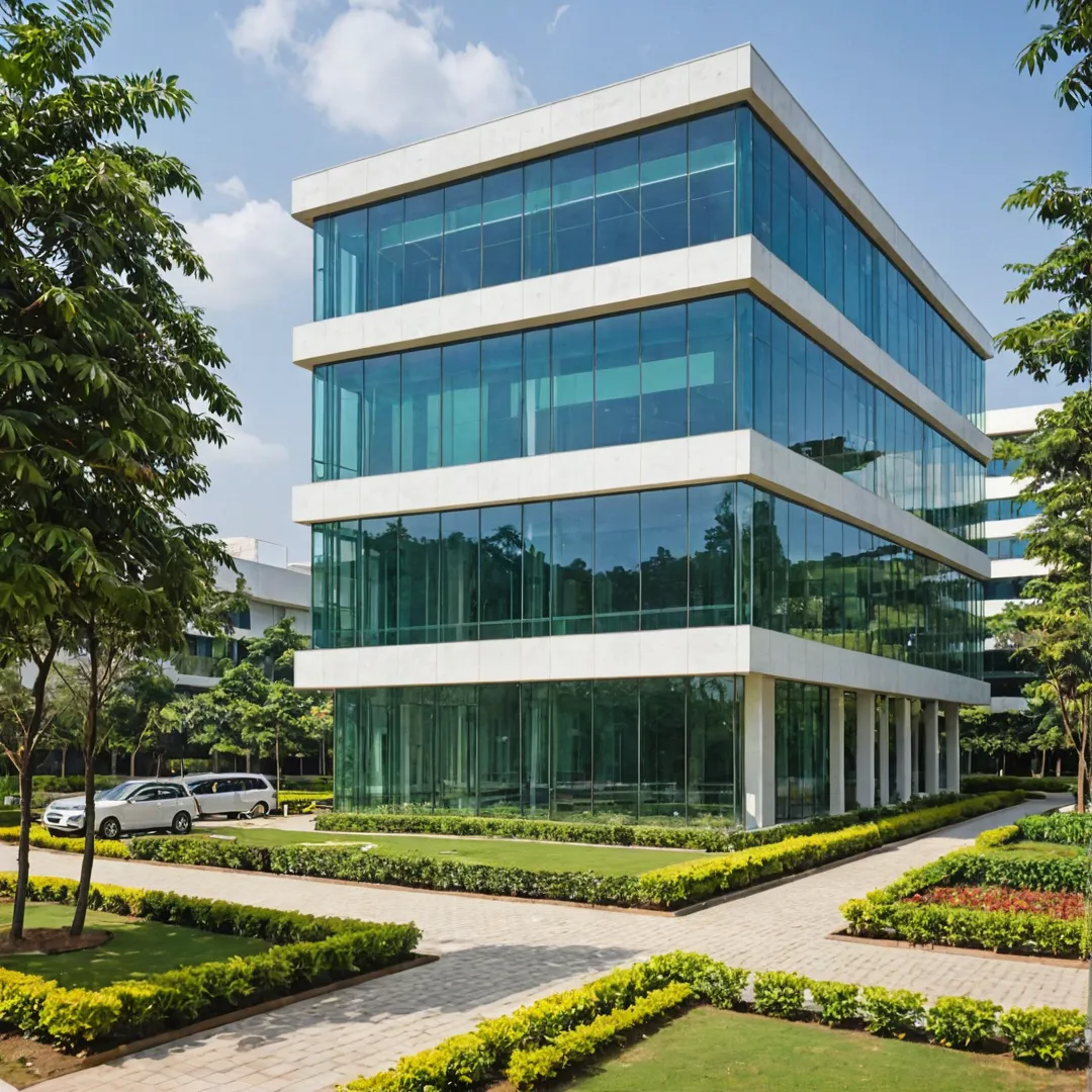 ffice building exterior, tech park setting, Bangalore East segment, modern architecture, glass facade, open workspaces, collaboration areas, meeting rooms, state-of-the-art facilities, professional environment, outdoor seating, landscaped gardens, nearby amenities, convenience for workers.