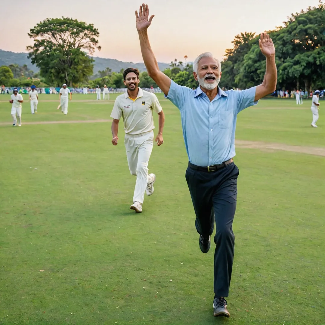  young man in a blue shirt and black pants is seen running towards the cricket pitch, his arms raised in excitement as he chases after a ball. The sun dips below the horizon, casting warm golden light on the scene. The background features lush green grass and colorful wildflowers, with a picturesque hillside in the distance. A small group of people, including an older man wearing a white shirt and pants and a woman in a yellow dress, are gathered around the cricket pitch, cheering on the young player.