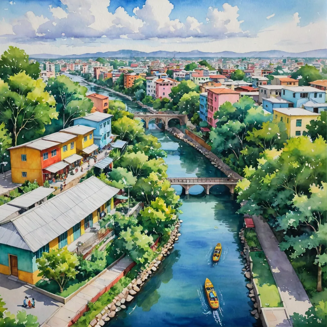 atercolor painting of a serene residential area with colorful houses, lush greenery, and a vibrant community center. The focal point is an inviting shared workspace lounge where people are seen working on laptops or discussing ideas while enjoying the scenic view. In the background, a modern metro station can be seen connecting to different parts of the city, symbolizing seamless urban mobility. A serene river flows through the landscape, adding to its picturesque beauty and highlighting the harmony between man-made structures and nature.