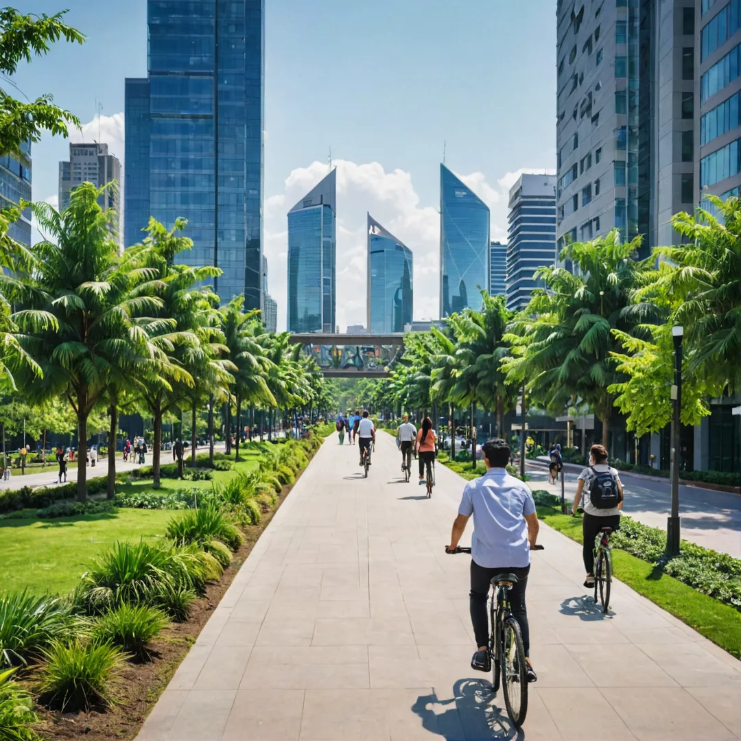 I-generated image of a vibrant, technology-themed urban landscape. The city skyline features towering buildings with modern architecture, including tech parks and office spaces. In the foreground, young professionals are seen walking or biking along well-lit paths surrounded by lush greenery, reflecting the harmonious blend of nature and technology in their community. The image captures a sense of energy and progress, showcasing Alita as an attractive destination for ambitious individuals who value work-life balance in a thriving environment.