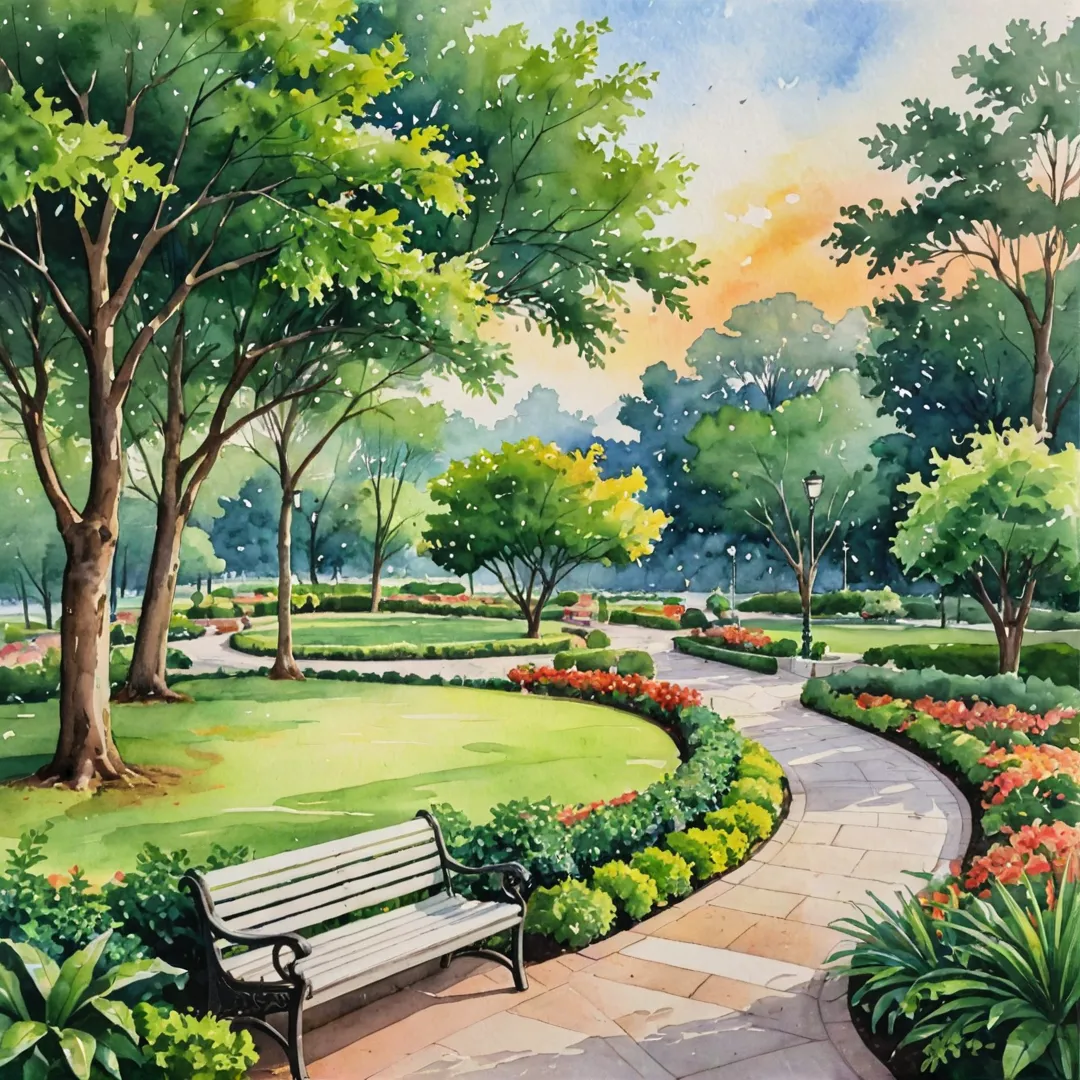 ter color painting of a serene park with lush greenery, intricately designed pathways, and benches for residents to relax, set against a backdrop of a picturesque sunset.