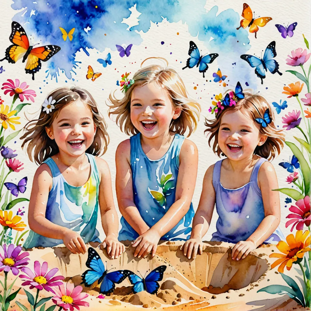 appy children laughing playing in a beautiful watercolor painting of their sandpit community, surrounded by colorful flowers and butterflies.