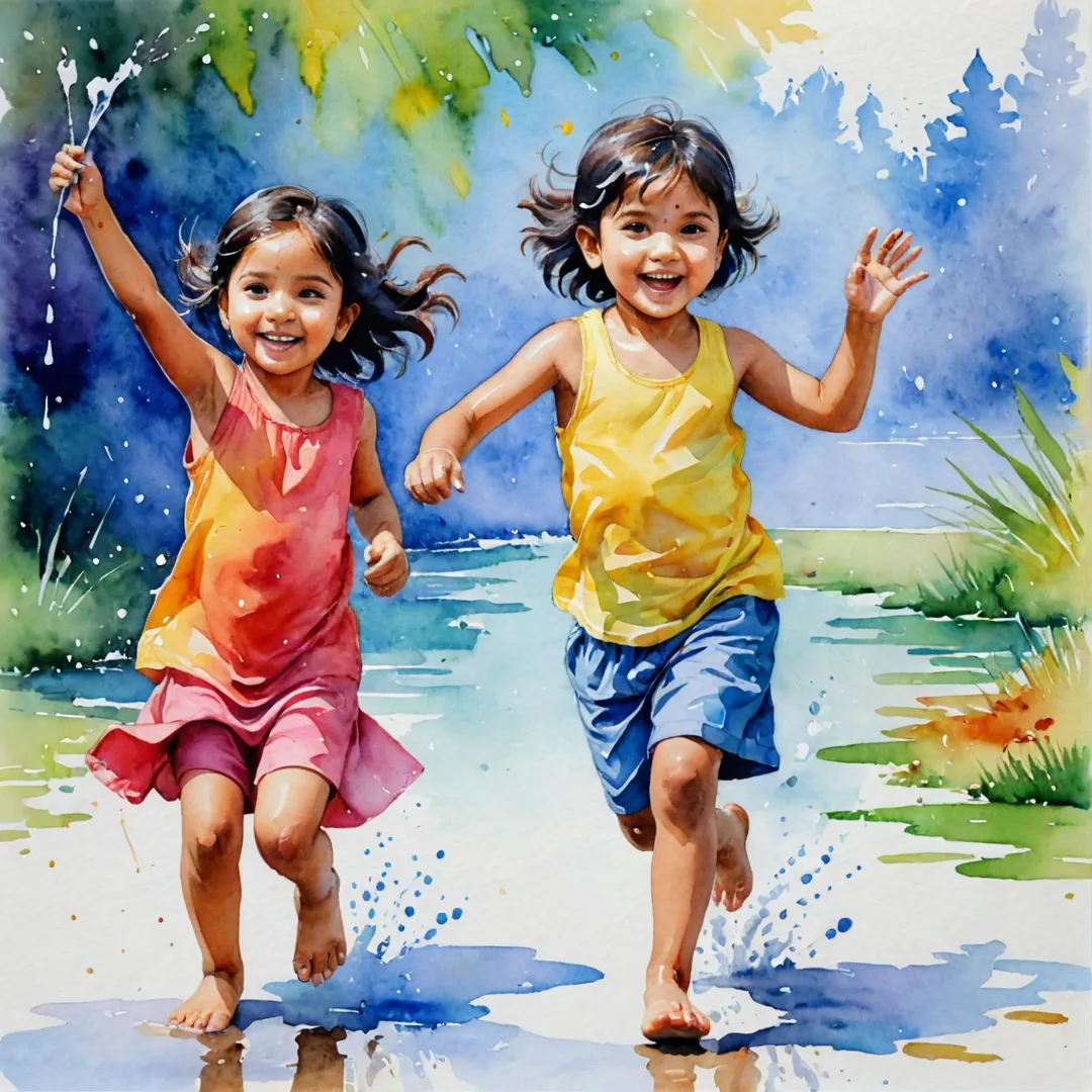 layful children, vibrant colors, happy atmosphere, watercolor painting.