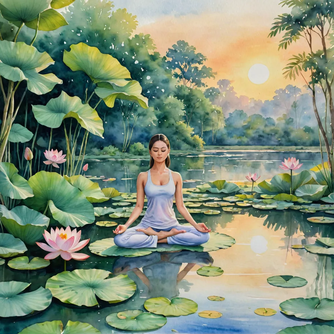  watercolor painting of a serene yoga session taking place in the midst of lush greenery, with a peaceful pond and lotus flowers in the background. The sun is setting, casting warm light on the scene as the practitioner performs various poses, exuding tranquility and well-being.