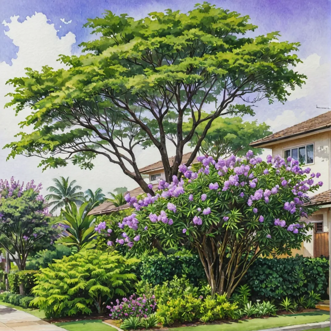 hoto of lush green landscape with jacaranda mimosaefolia, tree-mimusops elengi, albizia lebbeck, semi evergreen: large, lagerstroemia speciosa, and evergreen medium size with purple flowers in front of a residential project.