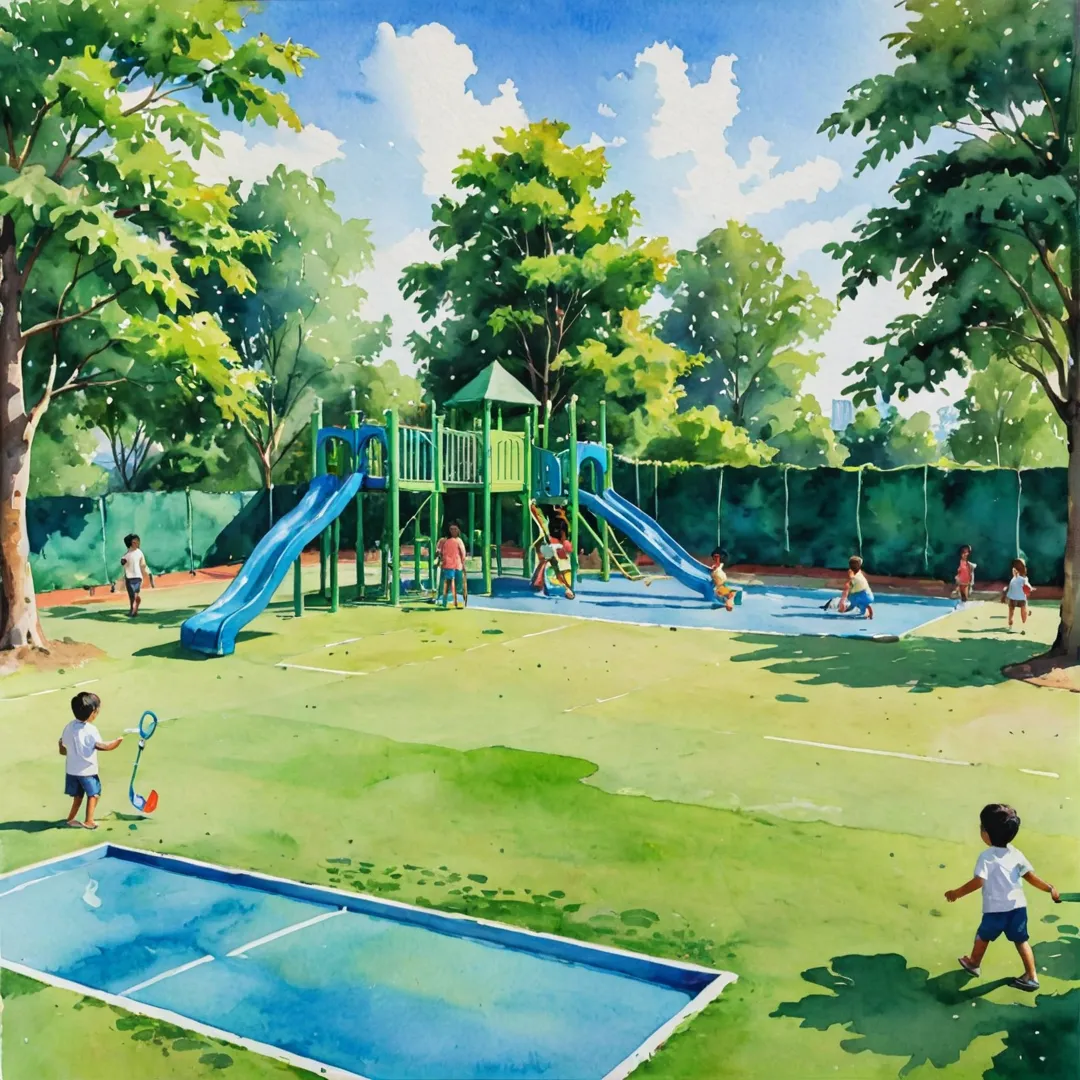  lush green playground with modern equipment and children playing happily in the background, under a clear blue sky.