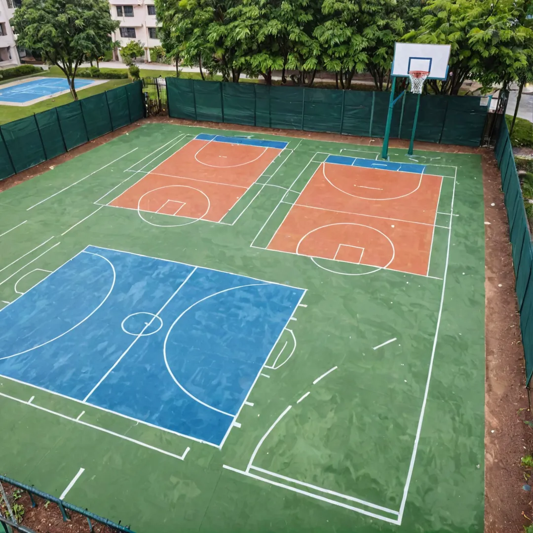 asketball court, fitness, community engagement, leisure activities, gated community, adjustable hoops, proper markings, friendly matches, teamwork, sense of belonging, inclusive environment