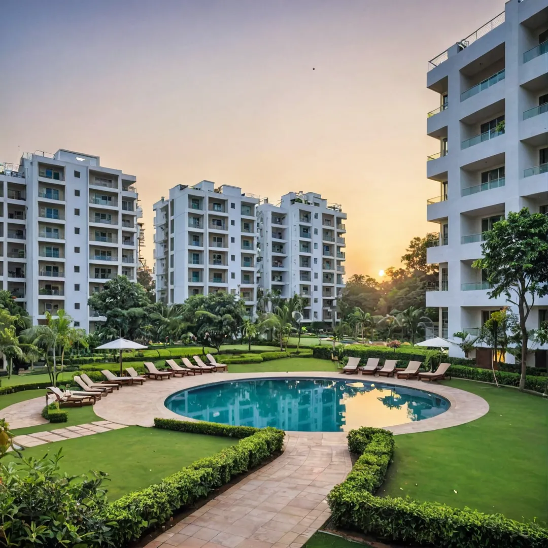 erene sunset over Bangalore East with a glimpse of Alita's oasis community, featuring well-manicured lawns and gardens, reflecting its commitment to providing an idyllic living environment. The shared workspace lounge is visible in the background, highlighting the unique blend of modern convenience and natural beauty that Alita offers its residents.