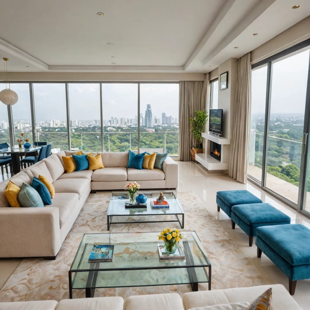 uxurious living room with floor-to-ceiling windows, showcasing a breathtaking view of Bangalore East's skyline. The space is meticulously designed, featuring plush furnishings and modern decor that exude elegance and comfort. A large flat-screen TV adorns one wall, while an inviting fireplace adds warmth to the room on cool evenings. The layout is both functional and aesthetically pleasing, with ample seating arranged around a stylish glass coffee table.