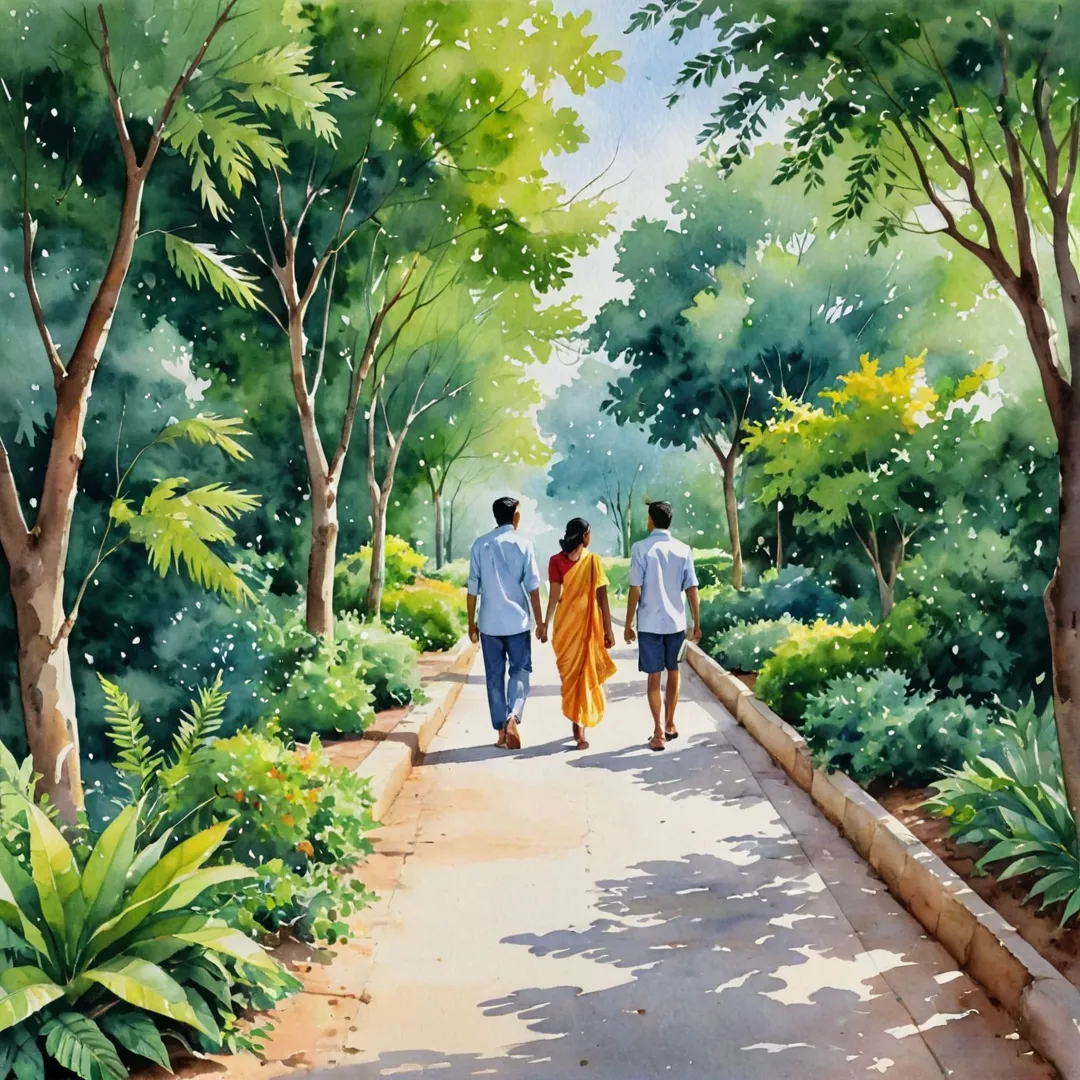 eople walking on a shaded pathway surrounded by greenery, enjoying the cool breeze and conversing with each other.