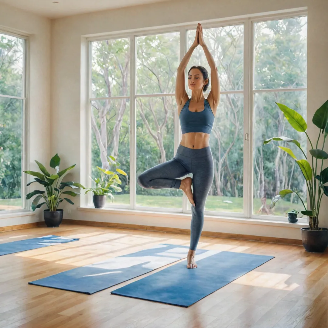 atercolor painting of a yoga studio, with light streaming in through the windows, illuminating the room. The instructor stands tall and strong in Lotus Pose, guiding students through various poses while maintaining perfect balance. The background showcases the serene beauty of nature outside the studio, creating an atmosphere of tranquility and calm.