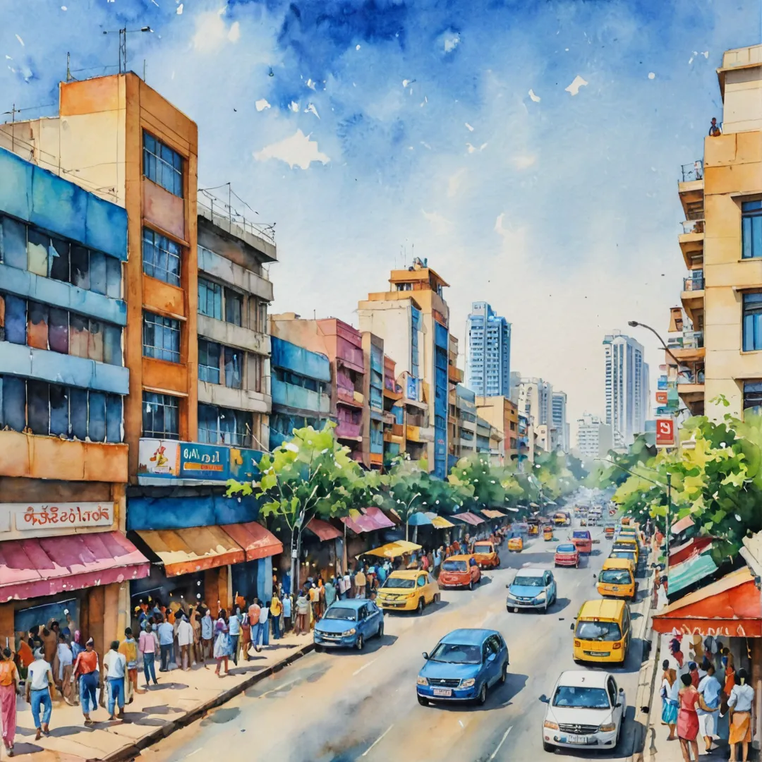 atercolor painting of a bustling city scene, vibrant colors, Bangalore skyline, Alita neighborhood, people enjoying entertainment options, shopping malls, multiplexes, food and beverage choices, families spending time together