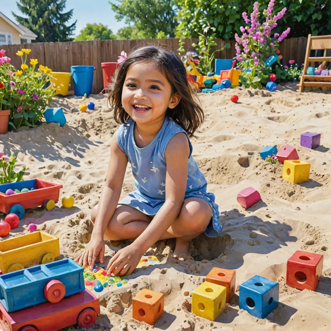 hildren playing joyfully in a vibrant watercolor painting of an Alita sandpit, surrounded by colorful toys and blooming flowers. The sun shines brightly overhead, casting warm light on their faces as they laugh and engage in creative play with one another. A nearby parent, wearing a wide smile, observes the scene contentedly while chatting amiably with another adult.