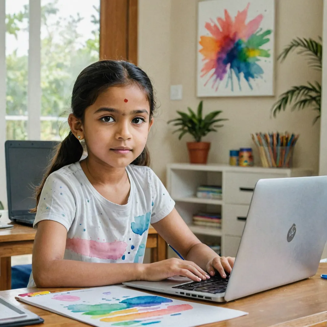 hild sitting at desk with laptop, focusing on schoolwork, well-lit room, neat surroundings, parents watching from doorway, proud expression