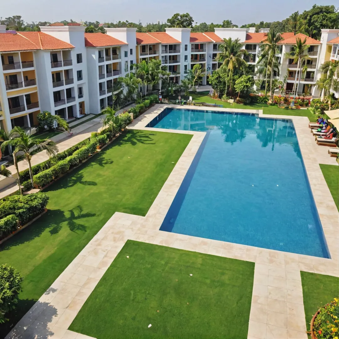 igh-resolution photograph of a vibrant, well-designed community in Bangalore East, featuring an expansive landscape with greenery and open areas. The image should showcase the modern architecture blending seamlessly into its natural surroundings, creating a harmonious living environment for residents. Key elements include: colorful buildings, manicured lawns, recreational facilities (e.g., swimming pool, clubhouse), diverse community members engaging in various activities, and a sense of serenity and balance.