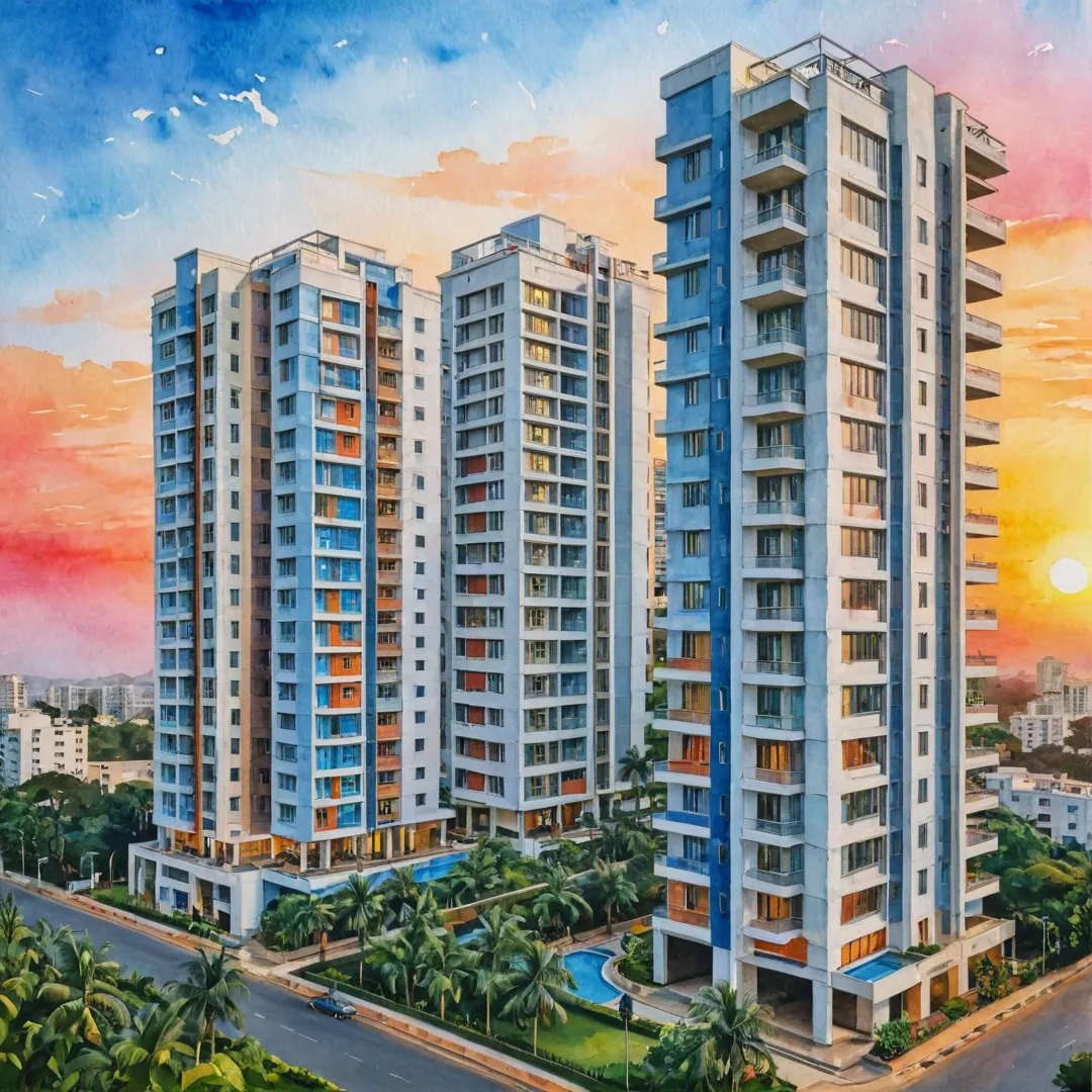 hoto of modern residential building, high detailed, bangalore cityscape, vibrant colors, sunset, convenience, luxury living