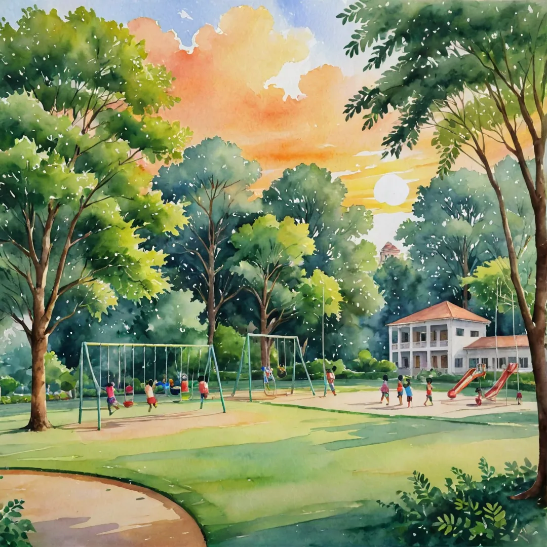 atercolor painting of a serene school campus in the evening, surrounded by lush greenery and tall trees. The scene showcases children playing joyfully on swings and slides under a warm golden sunset. In the background, the beautiful architecture of the academic buildings blends harmoniously with nature.