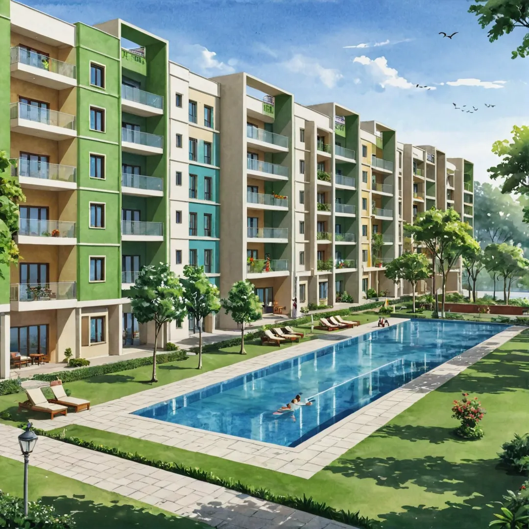 elaxing residential area, peaceful living spaces, modern apartments, green surroundings, luxurious amenities, convenient location near IT hub, vibrant community atmosphere, outdoor activities, urban development, lifestyle choices.