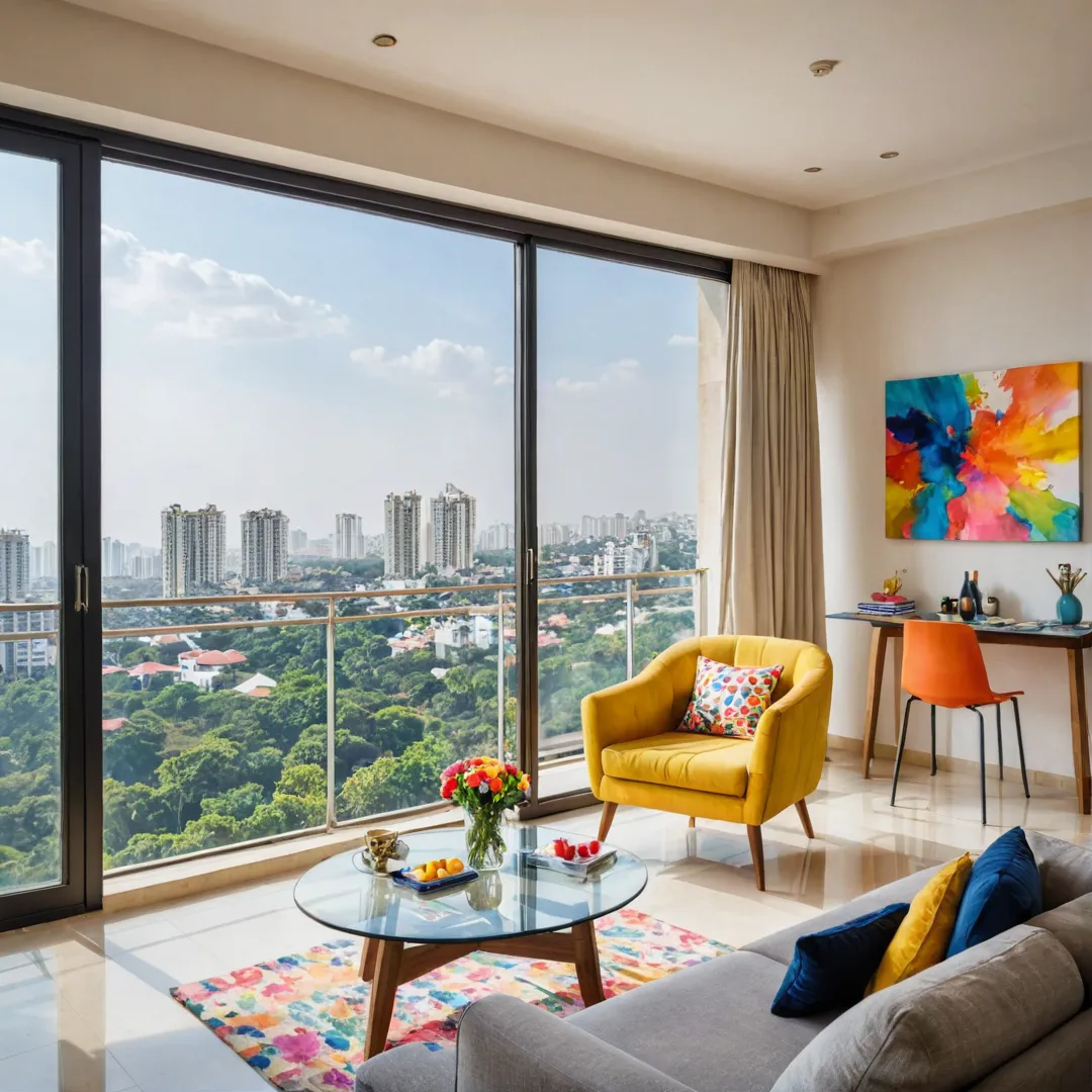 hoto of stylish apartment in Bangalore, urban chic design, modern furniture, large windows overlooking city skyline, bright colors, vibrant artwork on walls, cozy living spaces, high-end appliances in kitchen