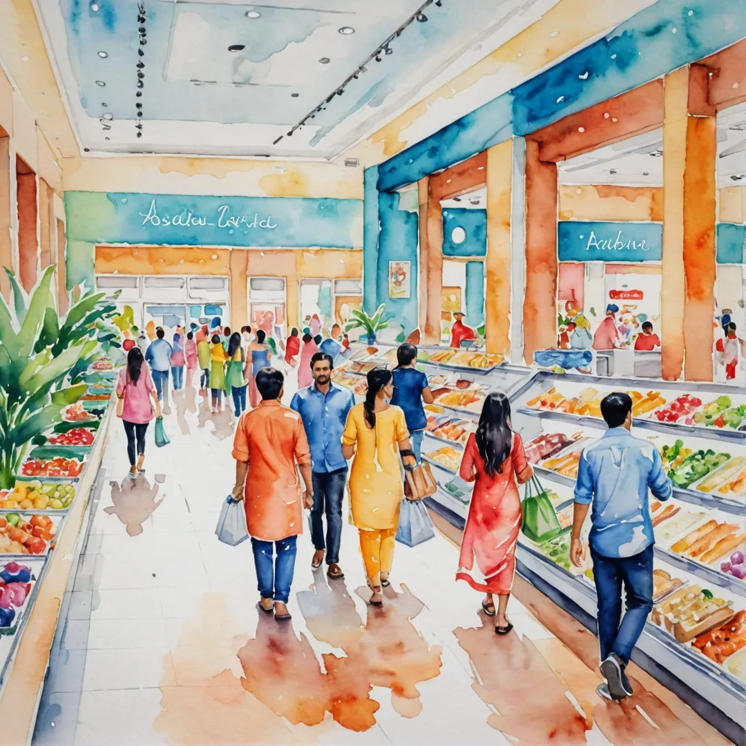 olorful characters shopping in vibrant mall, enjoying diverse culinary offerings and entertainment options, watercolor painting style