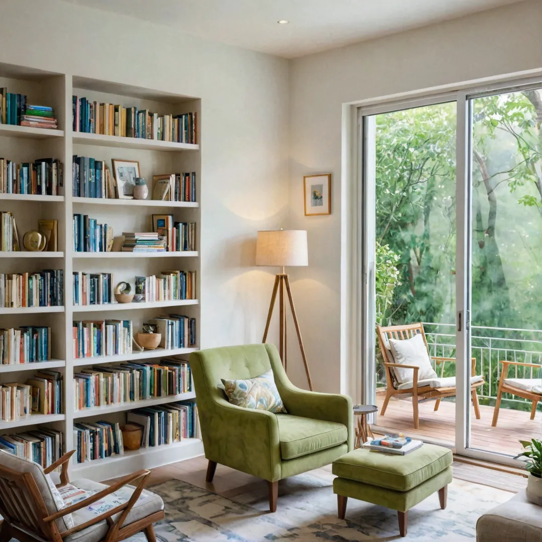 ozy, comfortable, serene, bookshelves, armchair, natural light, tranquil, outdoor, community, socializing, leisure.