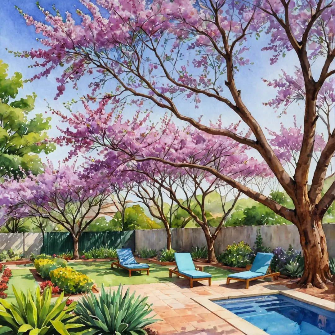 acaranda trees in bloom, Spanish cherry blossoms, lush green spaces, sustainable living practices, community gardening, grassroots connection, nutrient-rich red soil, harmonious landscaping projects, vibrant colors, outdoor yoga sessions, barbecuing by the poolside