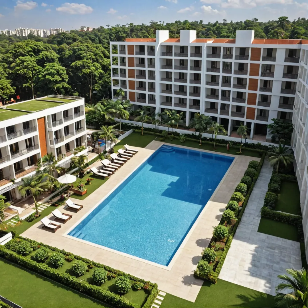 ealistic render of a luxurious apartment complex in East Bangalore, with modern architecture and beautifully landscaped gardens. The image highlights the serene atmosphere and peaceful environment provided by Alita, showcasing its 50% open spaces and state-of-the-art clubhouse amenities including swimming pool, badminton courts, and shared workspace lounge. Capture the essence of luxury living in this vibrant neighborhood known for its prime location near IT hubs like Whitefield, as well as excellent infrastructure and growing commercial activities.