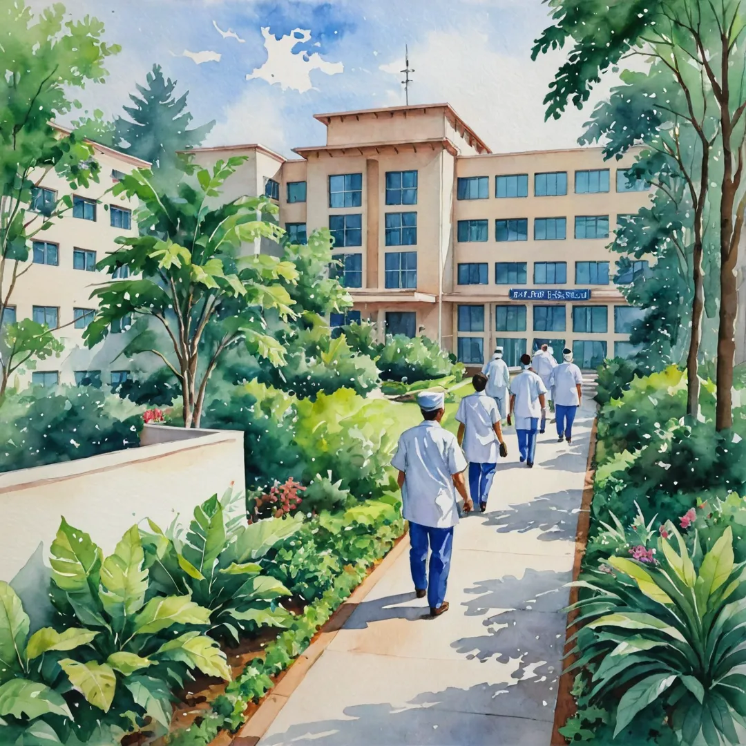 atercolor painting of a multi-specialty hospital, serene environment, surrounded by lush greenery, peaceful atmosphere, patients walking in the corridors, doctors discussing cases, advanced medical equipment visible in the background