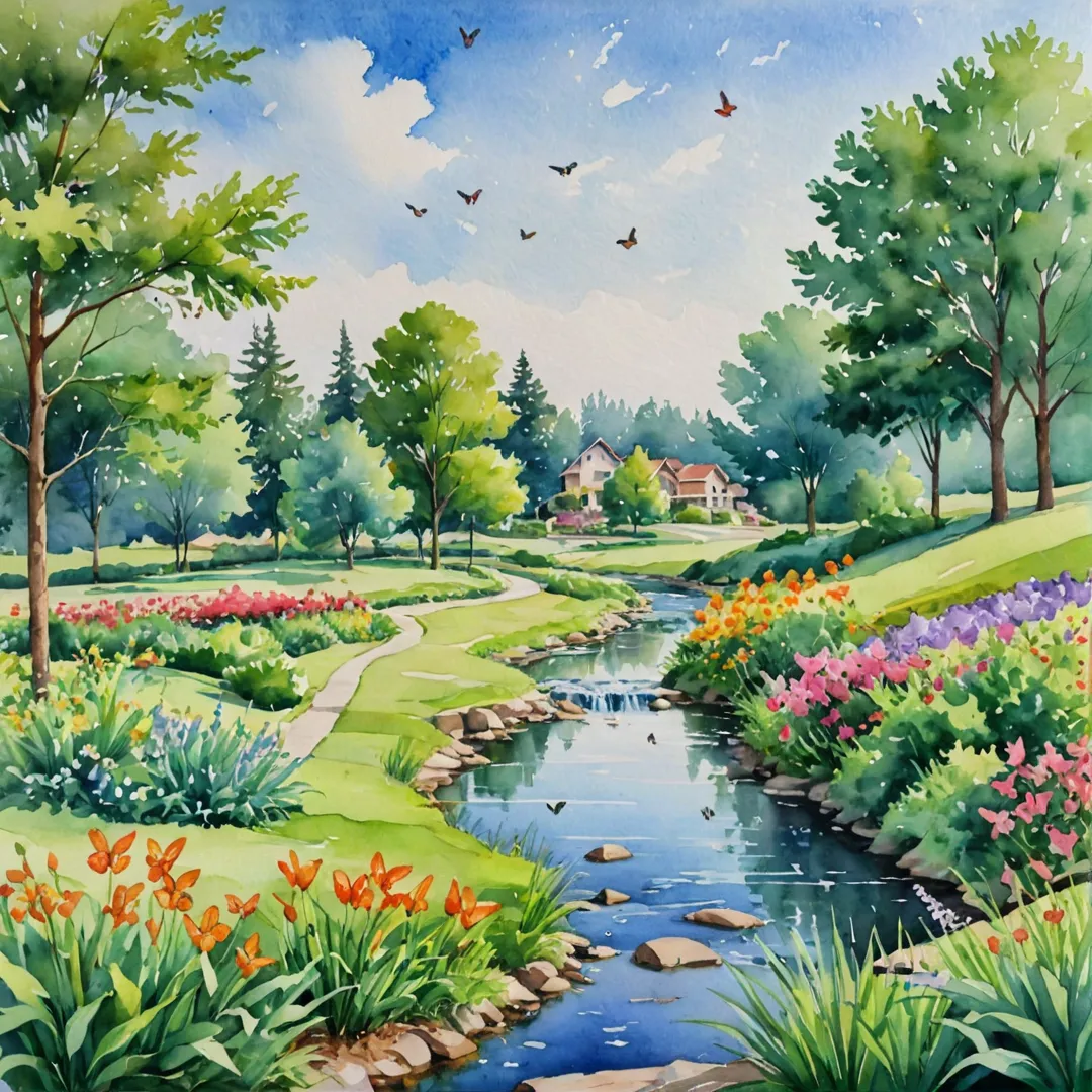 atercolor painting of a lush green landscape, featuring a modern housing complex nestled in the background, with open spaces and walking paths connecting residents to nature. The painting captures a sense of serenity and harmony as people engage in various activities like yoga, jogging, or simply enjoying their surroundings. Vibrant colors of flowers and trees dot the scene while butterflies and birds add life to the picture. A gentle stream flows through the landscape, creating a soothing sound that blends perfectly with the overall ambiance.