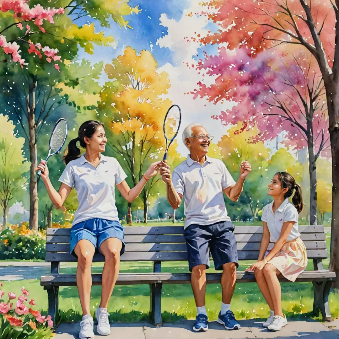 oung boy and girl playing badminton in the park, surrounded by colorful trees and flowers. The sky is filled with fluffy clouds, casting a warm golden light on their faces. They are both smiling brightly as they engage in friendly competition under the watchful eye of an elderly man who is sitting on a nearby bench, clapping encouragingly. Watercolor painting style.