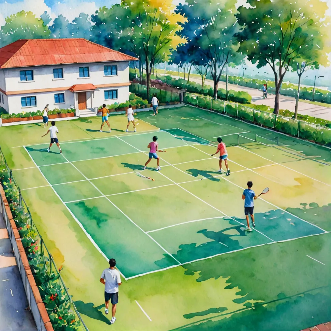 eighbors socializing, leisure activities, community spirit, sports facilities, badminton court, basketball court, cricket pitch, running track, multipurpose ground, outdoor games, inclusivity, diverse community, well-being, vibrant environment, engagement, harmonious living.