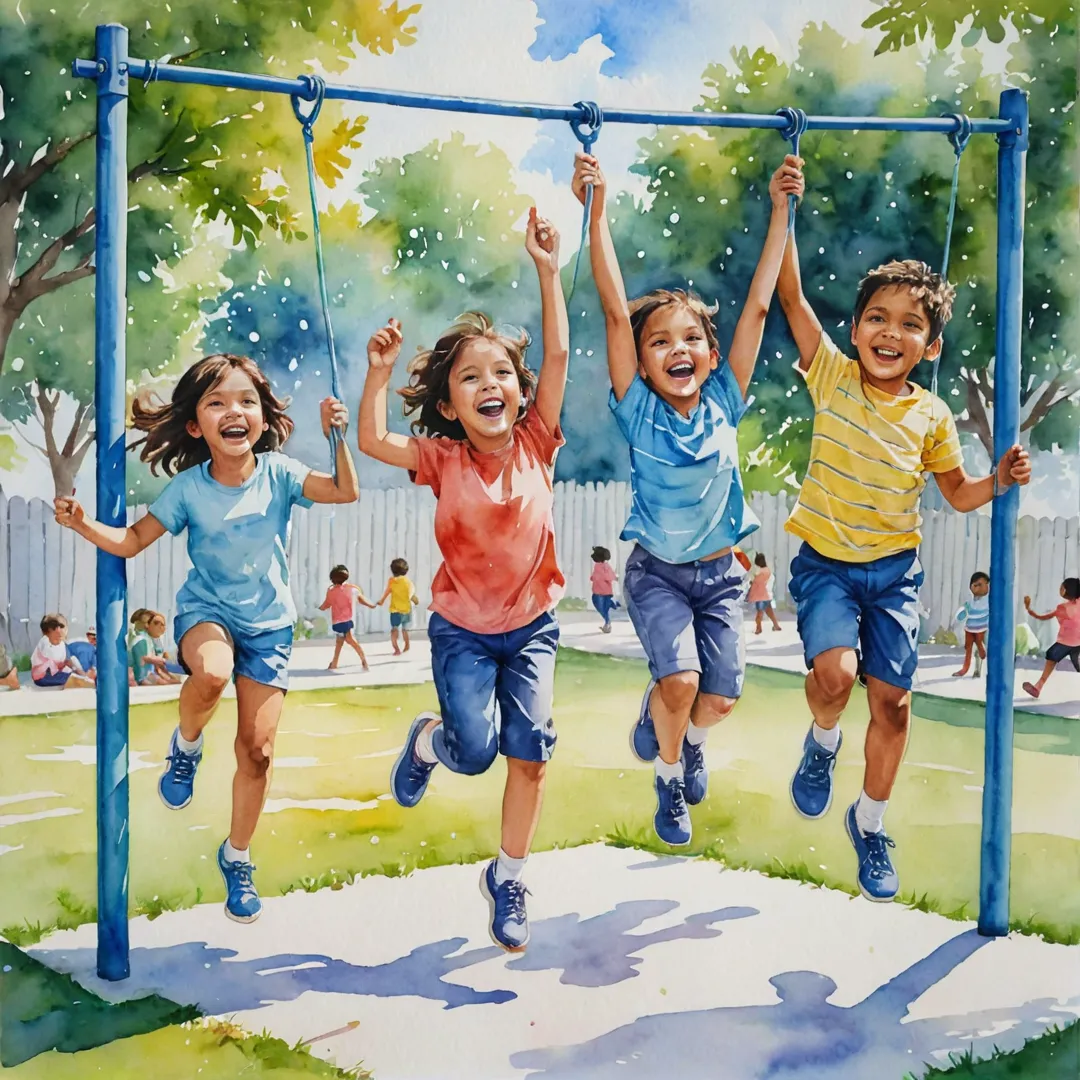 atercolor painting of a group of children playing and laughing together in a vibrant outdoor environment. The scene showcases various age groups interacting harmoniously while engaging in activities such as running, jumping rope, and swinging on monkey bars. A sense of unity and camaraderie fills the air as they enjoy their carefree moments under the warmth of a gentle sun.