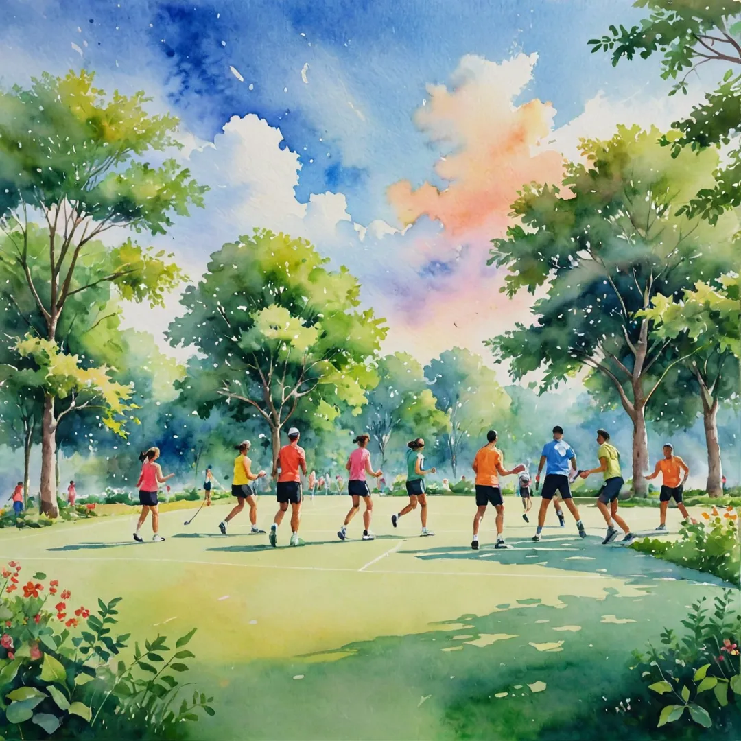 atercolor painting of a group of people playing sports together in an idyllic outdoor setting, with vibrant greenery and a colorful sky serving as the backdrop. The scene captures the essence of community spirit and physical fitness promoted by Alita's thoughtfully designed amenities.