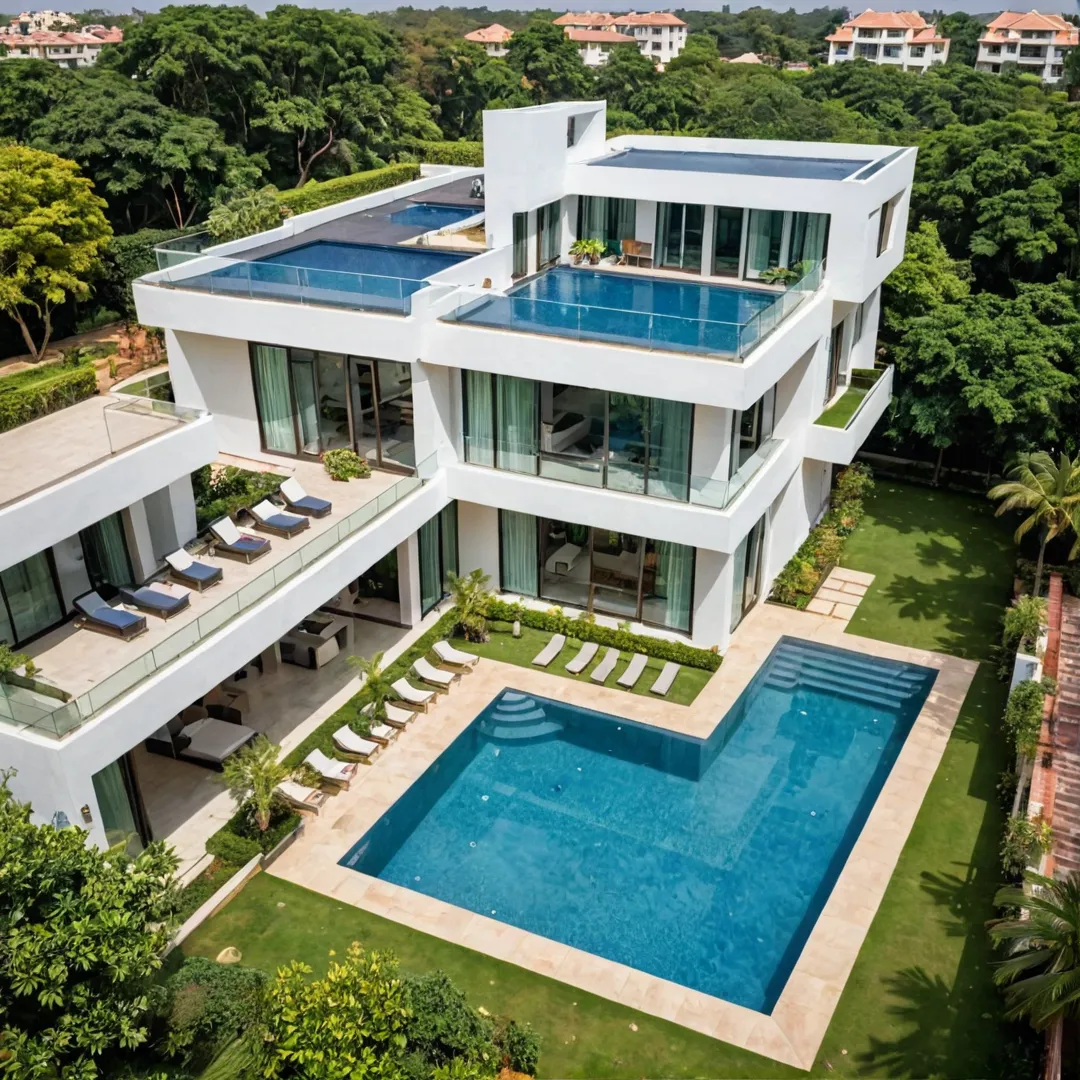 uxury villa in Bangalore, India, modern architecture, green landscape, swimming pool, spacious interior, balcony view, ITPL and Software Parks nearby, peaceful neighborhood, technology hub proximity