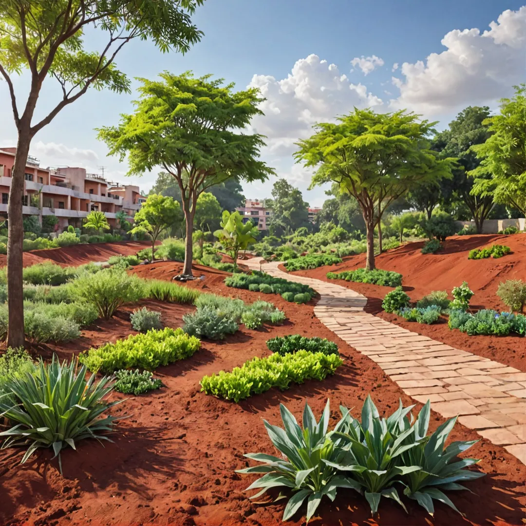 ender of a red soil landscape, with various trees and plants thriving in the foreground, creating an idyllic setting. In the background, one can see buildings that blend seamlessly into their surroundings, showcasing Alita's commitment to sustainability and eco-friendly living. The sky is partially cloudy, providing a mix of shade and sunlight throughout the day. The overall image conveys a sense of serenity, harmony, and environmental responsibility.