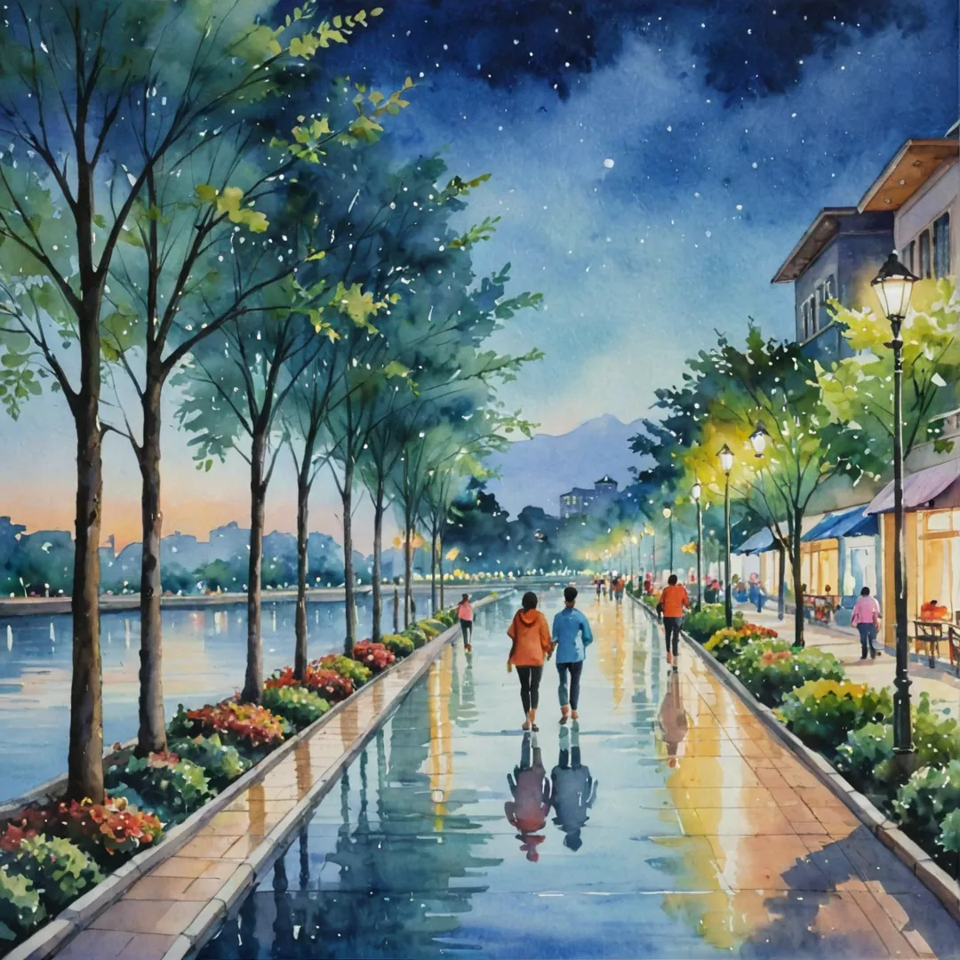 atercolor painting of a serene scene at Alita, where residents enjoy the tranquility of their homes while being close to vibrant shopping malls. The image captures a peaceful evening with warm lights illuminating the houses and streets, creating a contrast against the darkening sky. A group of people, dressed casually, are seen strolling along a tree-lined path towards Park Square Mall, their faces lit up with excitement for the night's activities. The mall is partially visible in the background, its lights reflecting on the calm waters of a nearby lake. The colors used in this painting are soft and soothing, evoking a sense of harmony and balance between the natural environment and urban development.