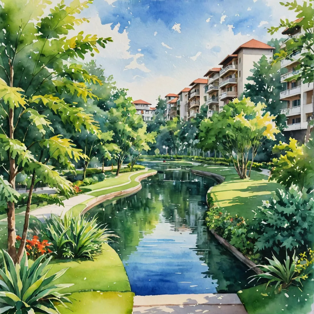 unlit, greenery, lush park, community, natural light, ventilation, modern residential area, sustainable living, outdoor recreation, harmony between nature and urban life