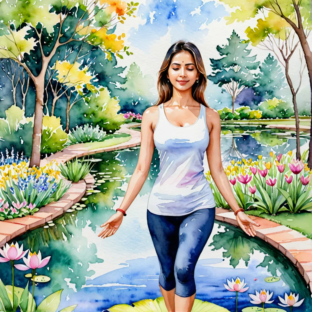 eaceful, calm, serene, yoga, practice, home, heart, bangalore, east, residents, walk, health, balance, nature, trees, flowers, pond, watercolor, painting.