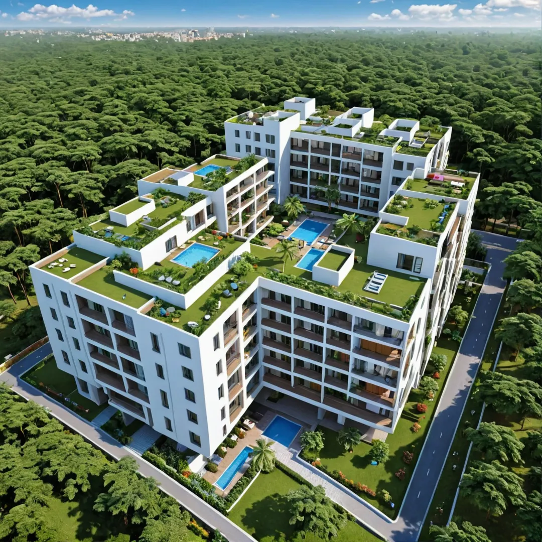 ender of an apartment complex, Alita, nestled amidst lush greenery, modern amenities such as clubhouse and workspace lounge, surrounded by expansive open spaces that promote community living. The project features well-designed living quarters with easy access to the city via Bangalore Satellite Town Ring Road and proximity to National highways NH 207 and Bengaluru-Chennai Expressway. The image should capture the essence of a vibrant, sustainable, and connected community in harmony with nature.