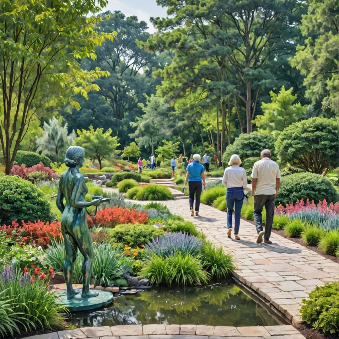 esidents strolling through a beautifully landscaped sculpture garden, exploring the intricate details of modern art pieces set against the backdrop of nature.