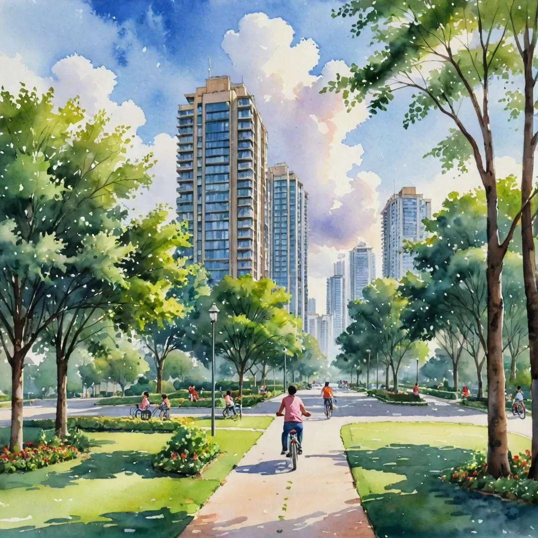 atercolor painting of a serene residential neighborhood with lush greenery, clean streets, and well-maintained buildings. In the foreground, there's a family enjoying a picnic by the park while children play on the swings. A group of friends are seen cycling along the tree-lined pathways, symbolizing community living. In the distance, one can see a modern high-rise building representing Alita, standing tall and proud with its distinct architecture that blends seamlessly into the surroundings. The sky is filled with fluffy clouds and rays of warm sunlight, creating an idyllic atmosphere.