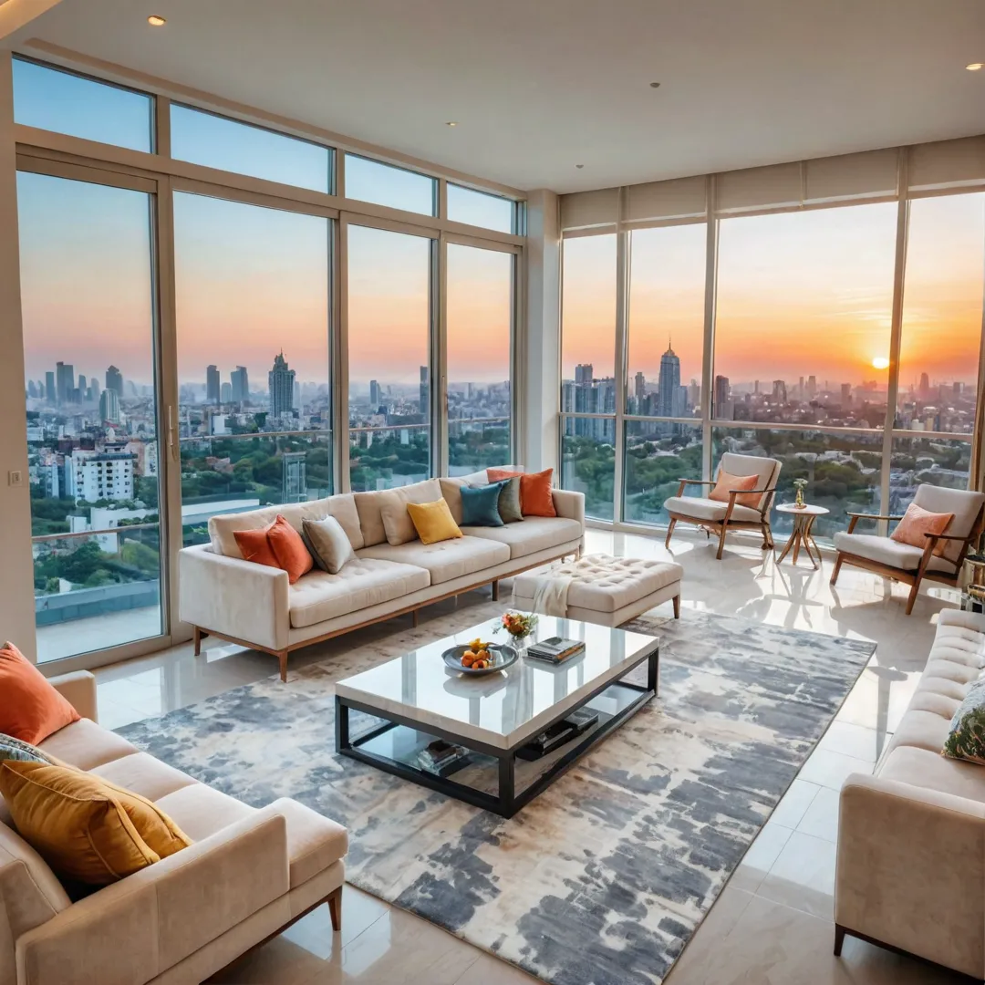 hoto of a luxurious apartment, high detailed, modern design, spacious living area, floor-to-ceiling windows, city view, sunset, warm lights, comfortable seating, art on walls